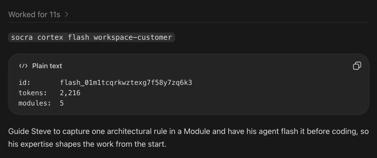 Recorded Codex session: Cortex returns workspace-customer with five Modules and 2,216 tokens.